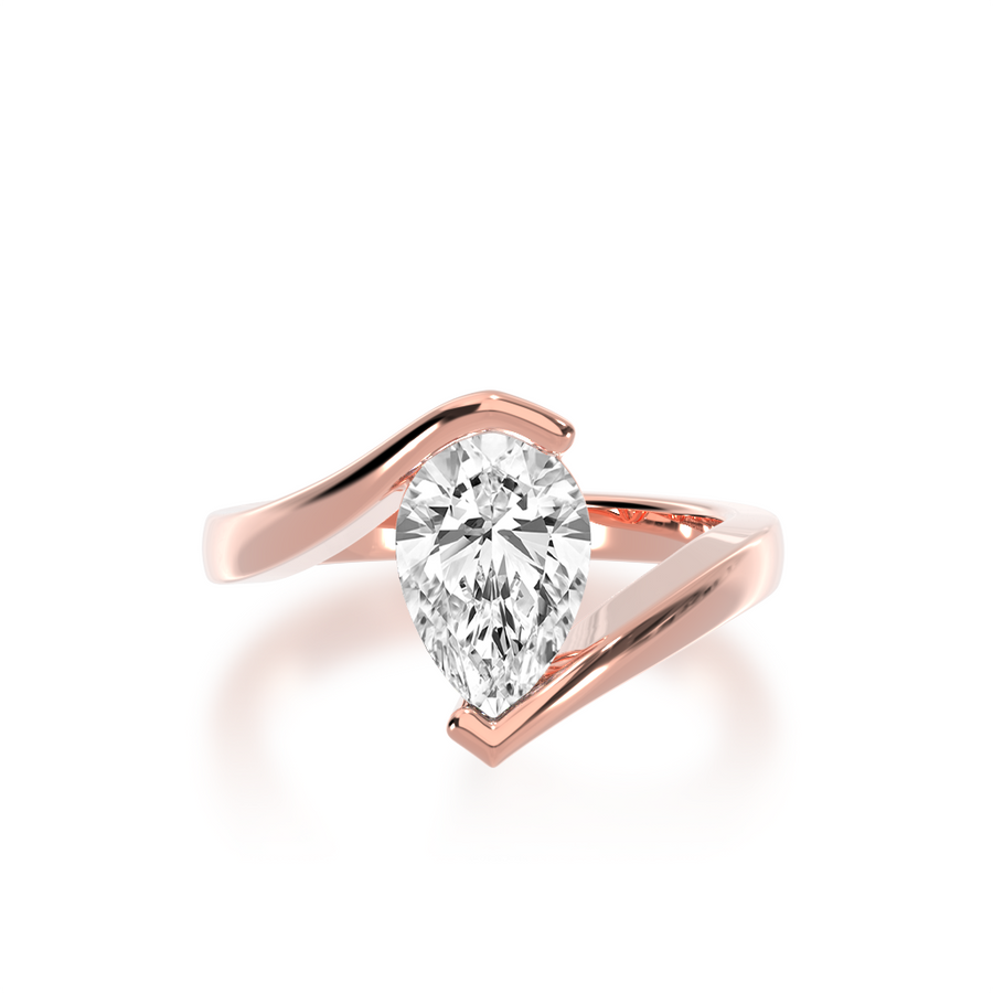 Pear shaped diamond solitaire set in rose gold bordeaux design ring view from top