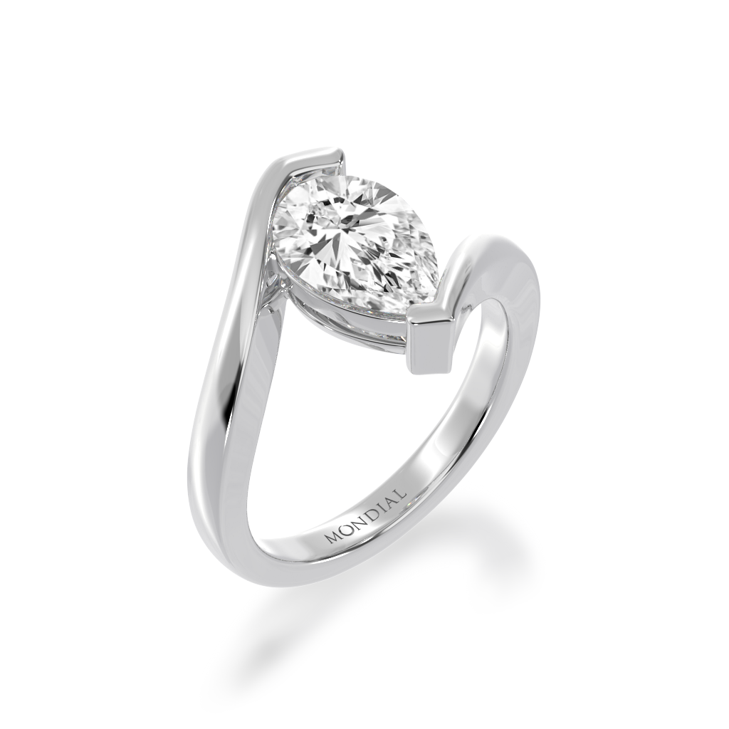 Pear shaped diamond solitaire set in white gold bordeaux design ring view from angle 