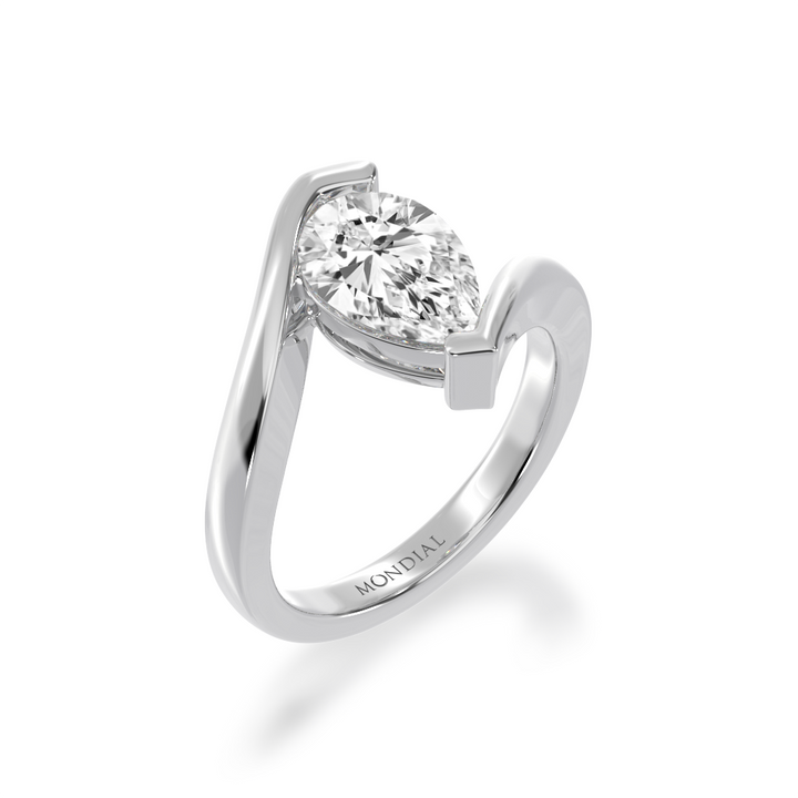Pear shaped diamond solitaire set in white gold bordeaux design ring view from angle 