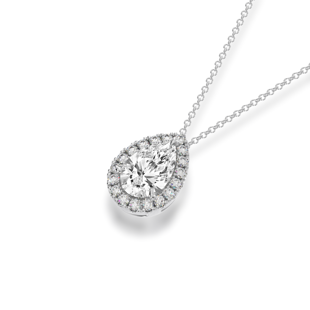 Pear shaped diamond halo pendant view from top