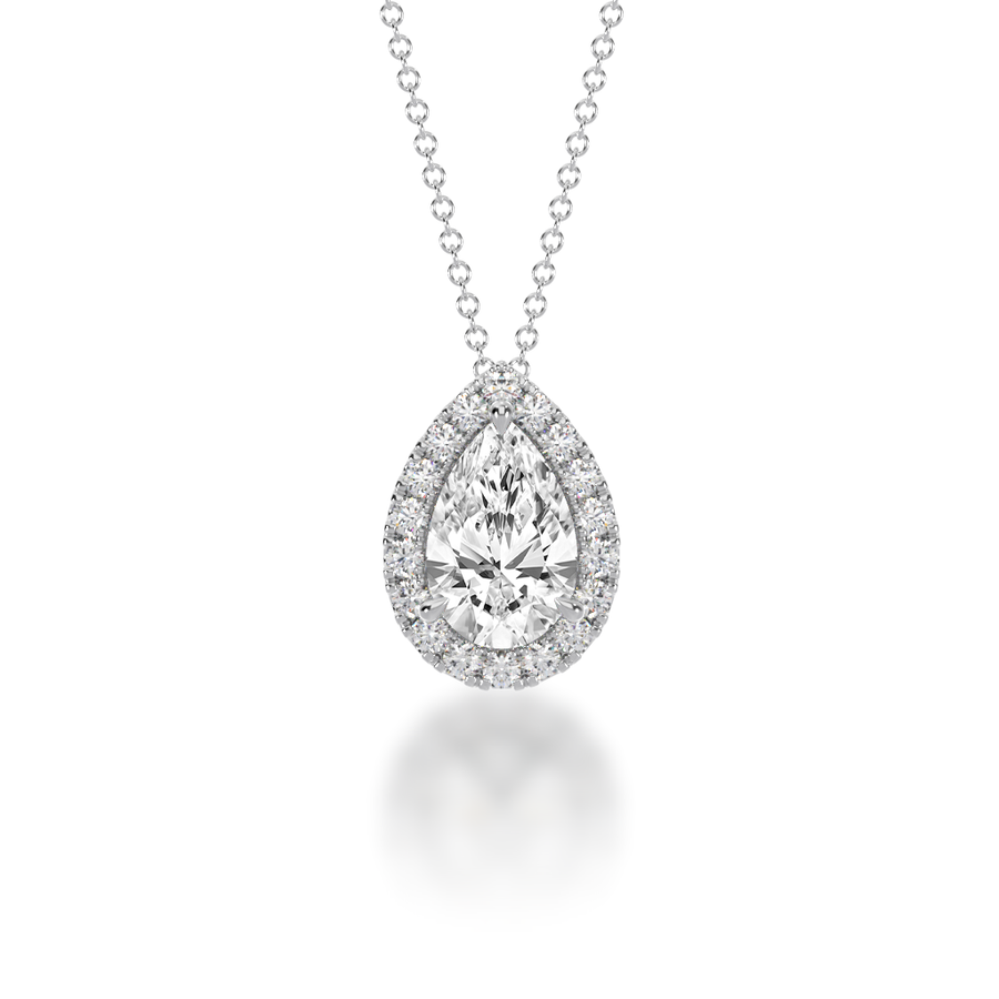 Pear shaped diamond halo pendant view from front