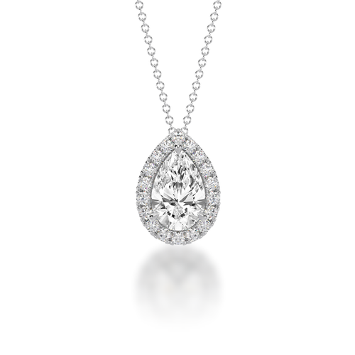 Pear shaped diamond halo pendant view from front