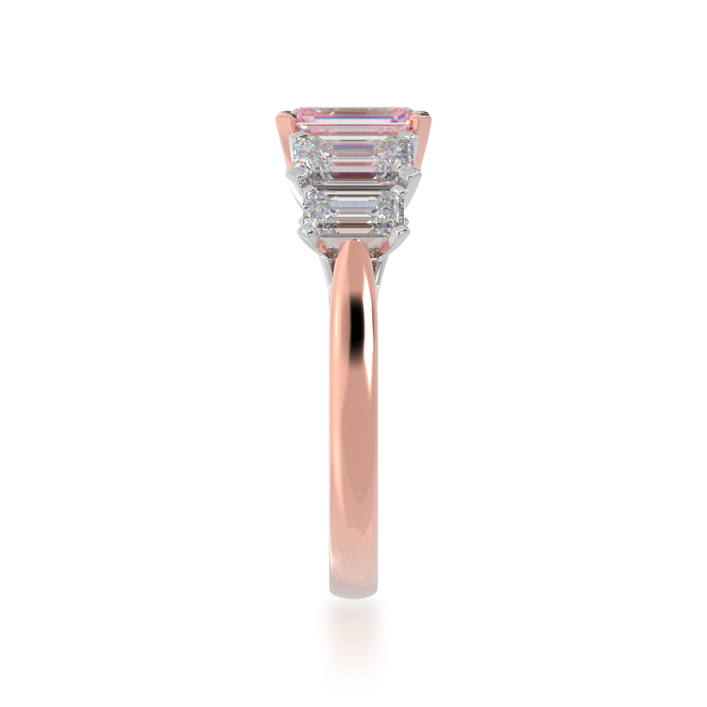 Five stone emerald cut pink sapphire and diamond ring from side