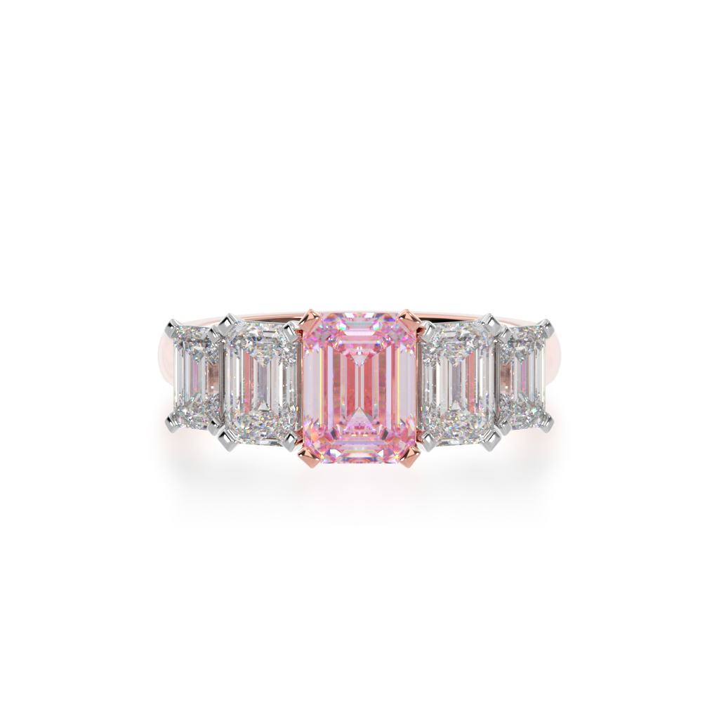 Five stone emerald cut pink sapphire and diamond ring from top