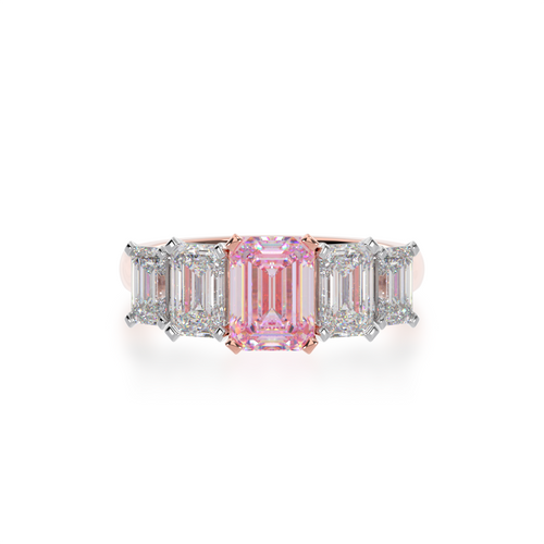 Five stone emerald cut pink sapphire and diamond ring on rose band view from top