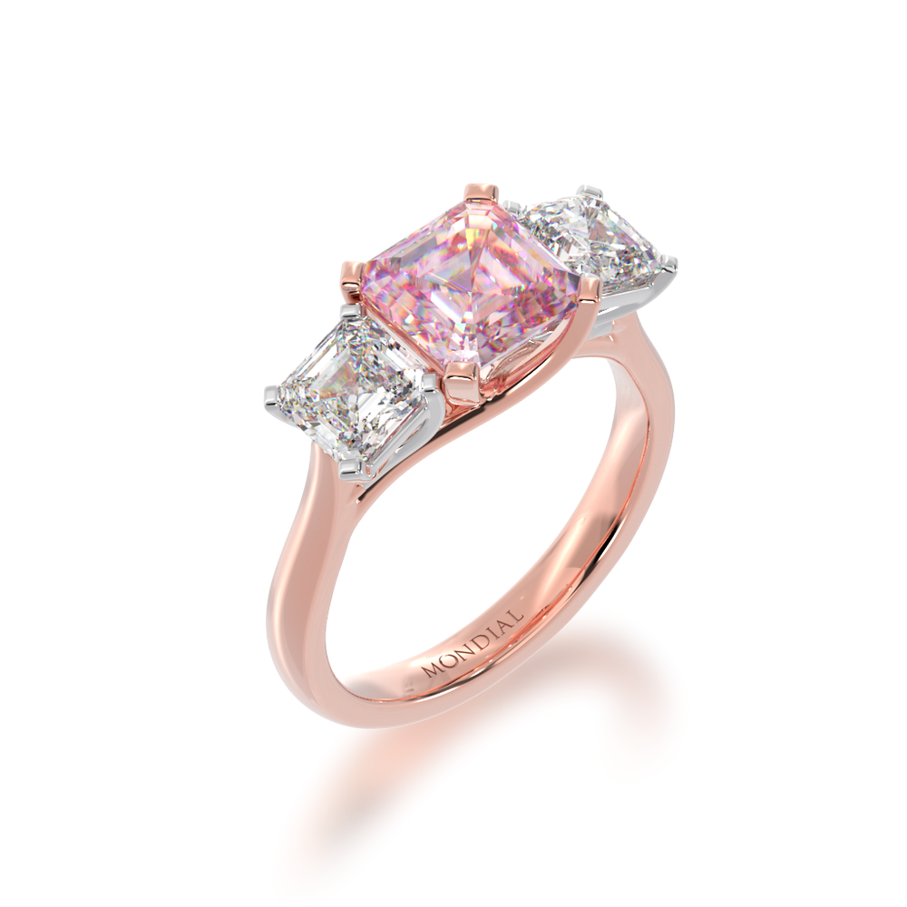 Trilogy asscher cut pink sapphire and diamond ring on  rose gold band view from angle 