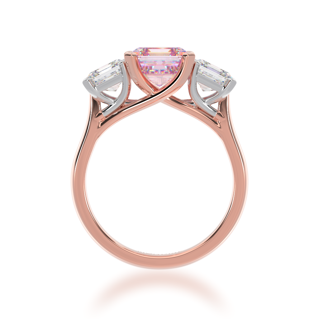Trilogy asscher cut pink sapphire and diamond ring on rose gold band view from front