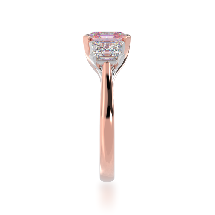 Trilogy asscher cut pink sapphire and diamond ring on rose gold band view from side 