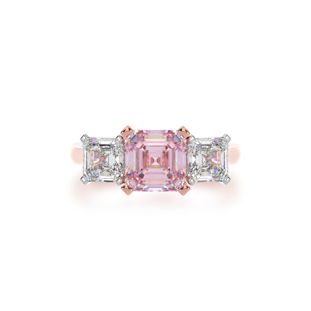 Trilogy asscher cut pink sapphire and diamond ring on rose gold band view from top