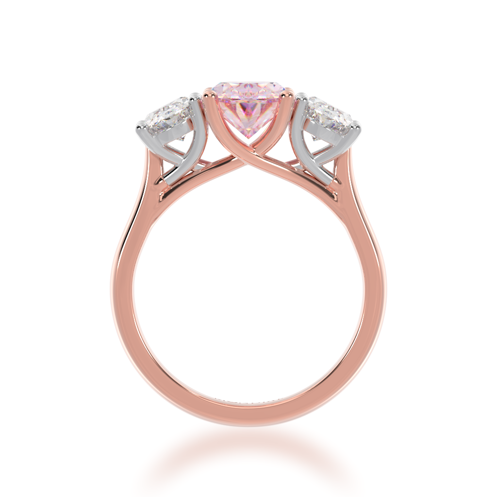 Trilogy oval cut pink sapphire and diamond ring on rose gold band view from front 
