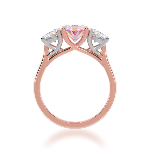 Trilogy oval cut pink sapphire and diamond ring on rose gold band view from front.