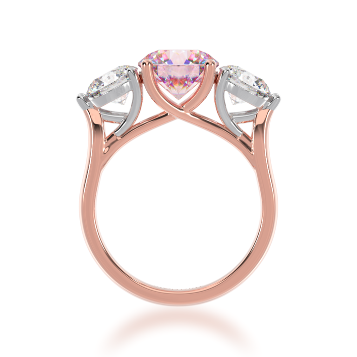 Trilogy round brilliant cut pink sapphire and diamond ring on rose gold band view from front 