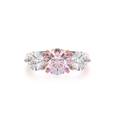 Trilogy round brilliant cut pink sapphire and diamond ring on rose gold band view from top