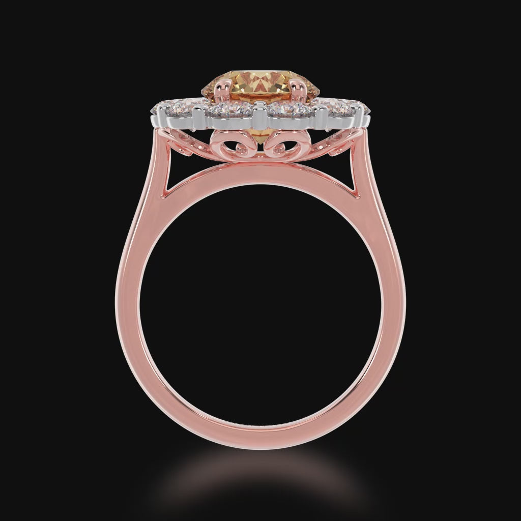 Round brilliant cut champagne diamond cluster ring on rose gold band 3d video