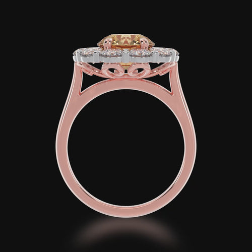 Round brilliant cut champagne diamond cluster ring on rose gold band 3d video