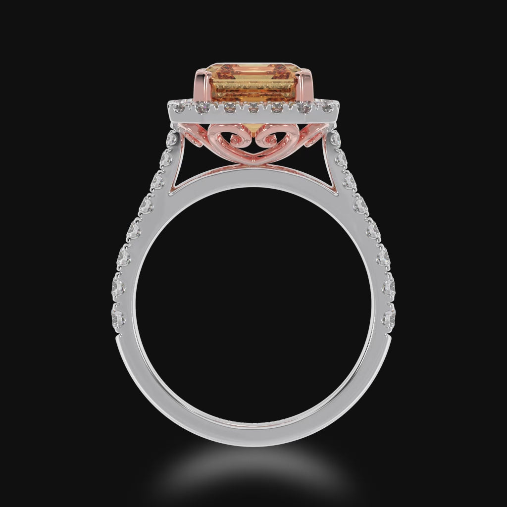 Asscher cut champagne diamond halo ring with diamond set band 3d video