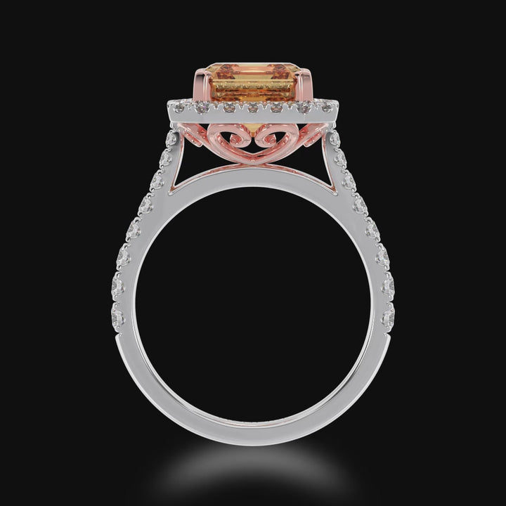 Asscher cut champagne diamond halo ring with diamond set band 3d video