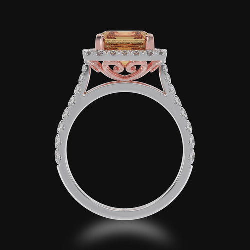 Asscher cut champagne diamond halo ring with diamond set band 3d video