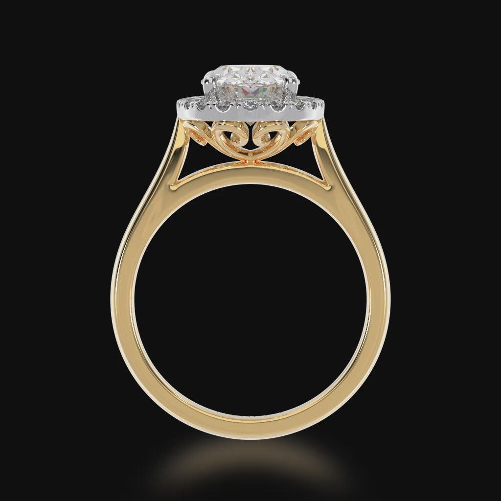 Oval diamond halo on yellow gold band 3D Video
