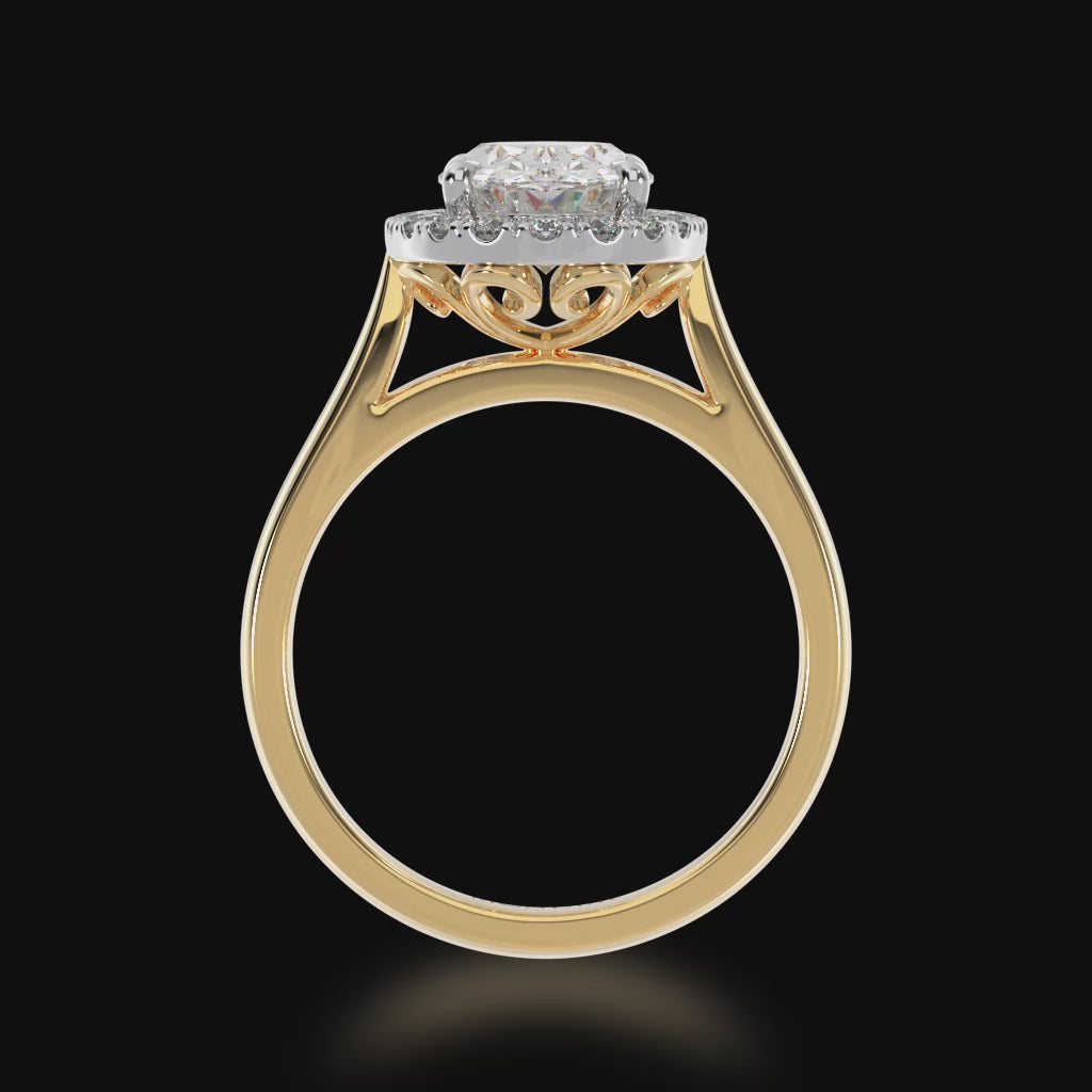 Oval diamond halo on yellow gold band in 3D Video.