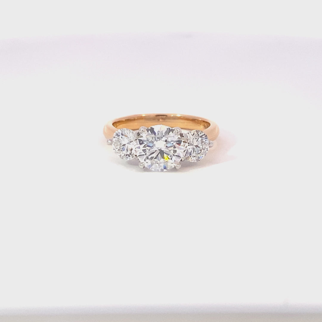 Trilogy round brilliant cut diamond ring on rose gold band