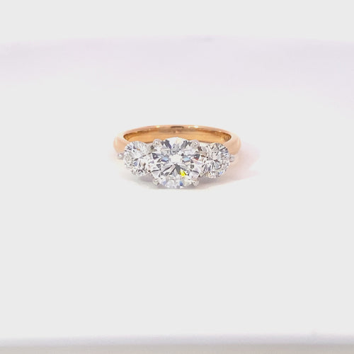 Trilogy round brilliant cut diamond ring on rose gold band