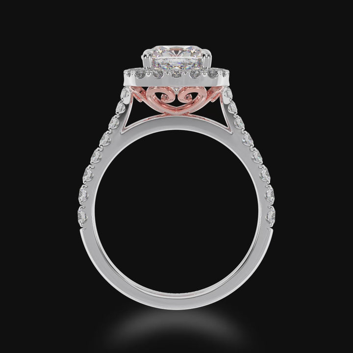 Cushion cut diamond Halo engagement ring with diamond set band 3d view