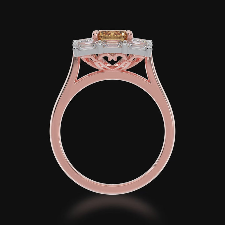 Baguette cut ruby in yellow gold 'embrace' design ring 3d video
