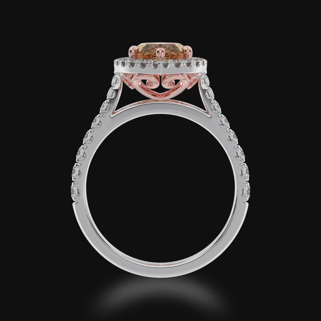 Marquise cut champagne diamond halo engagement ring with diamond set band 3d video