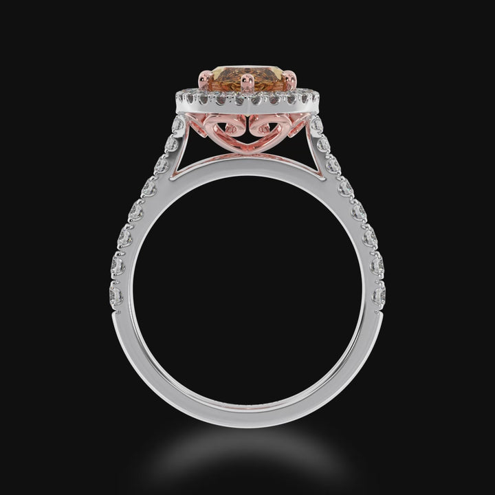 Marquise cut champagne diamond halo engagement ring with diamond set band 3d video