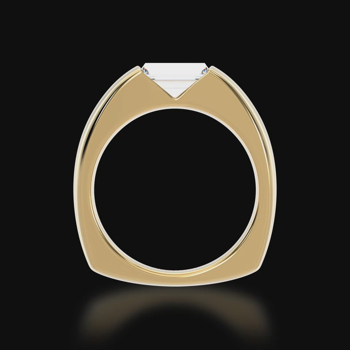 Baguette cut diamond in yellow gold 'embrace' design ring 3d video.