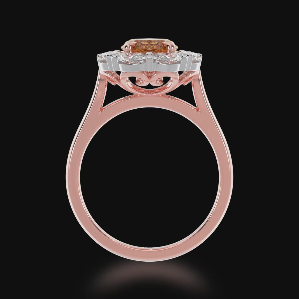 Marquise cut champagne diamond cluster ring on rose gold band 3d video