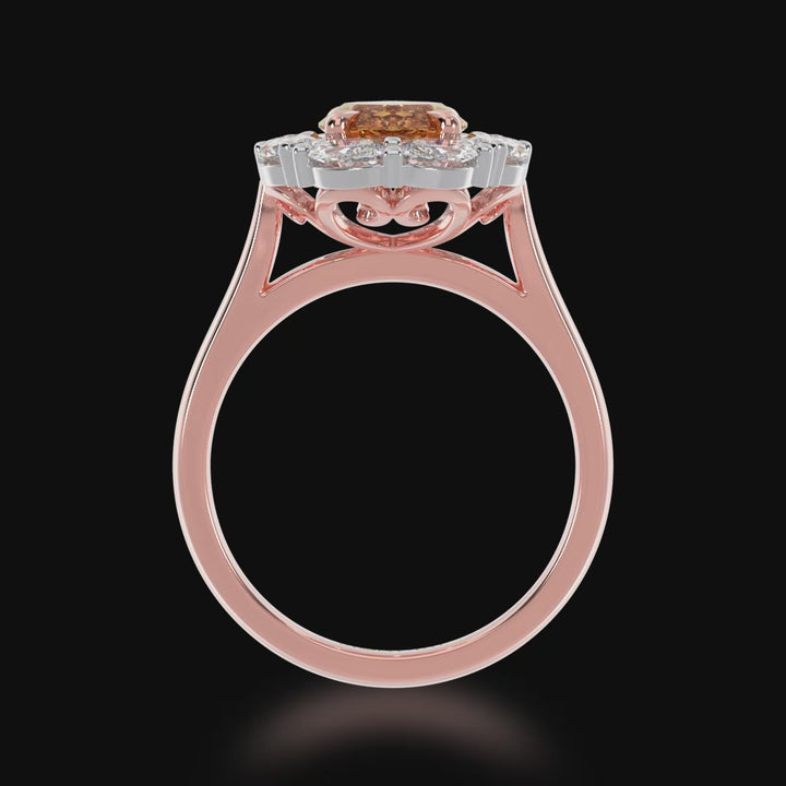 Marquise cut champagne diamond cluster ring on rose gold band 3d video