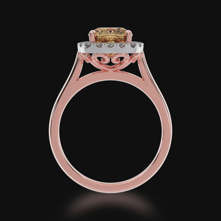 Cushion cut champagne diamond halo ring on rose gold band 3d video