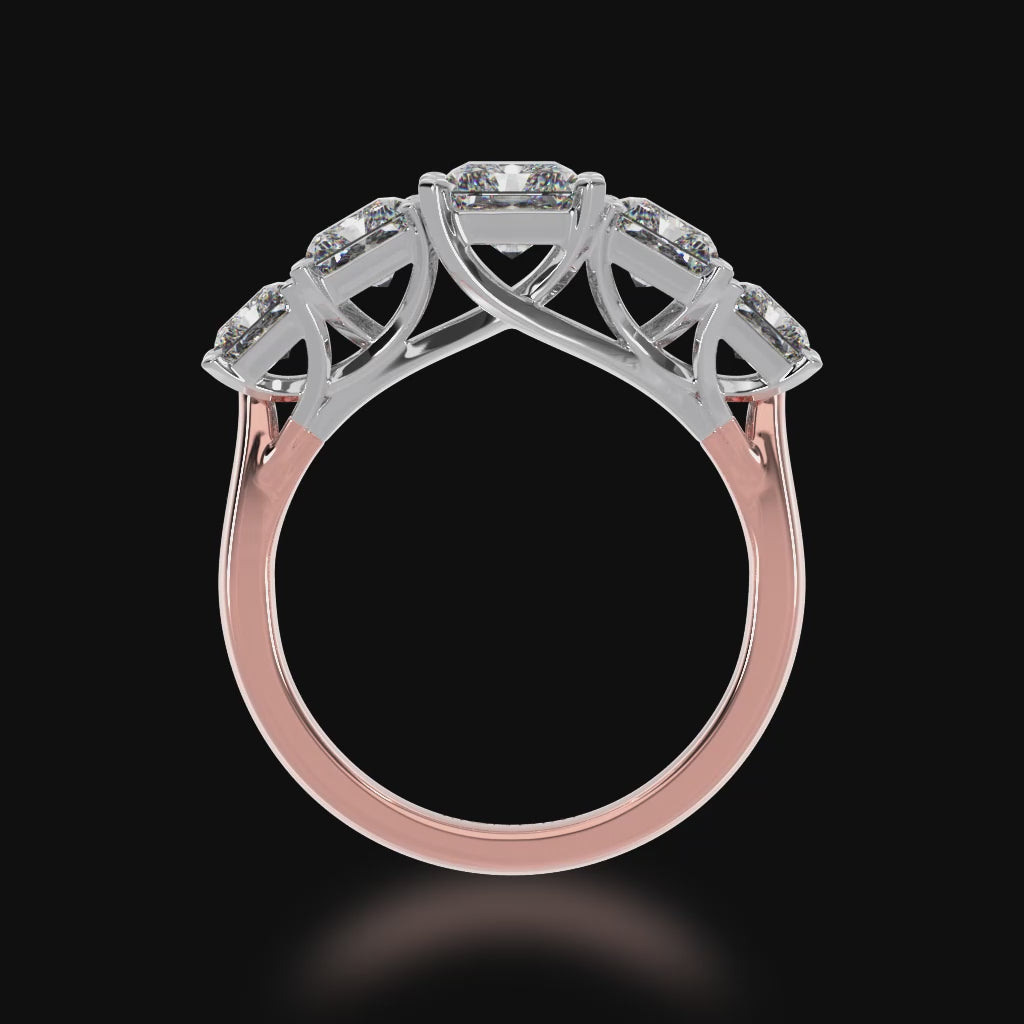 Five stone radiant cut diamond ring on a rose gold band 3d video