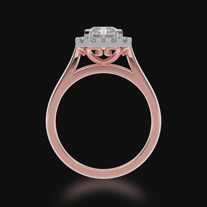 Radiant cut diamond halo engagement ring on rose band  3d video