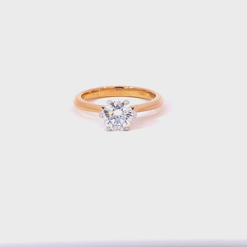 Round brilliant cut diamond solitaire ring on rose gold band