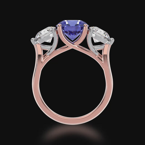 The Mondial by Nadia Round Brilliant cut trilogy blue Sapphire engagement ring with diamonds on rose gold band 3d video.