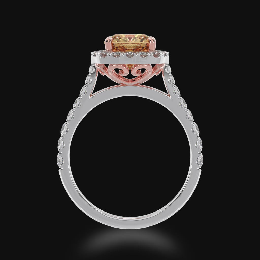 Cushion cut champagne diamond halo ring with diamond set band 3d video