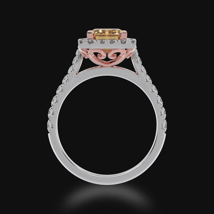 Emerald cut champagne diamond halo ring with diamond set band 3d video