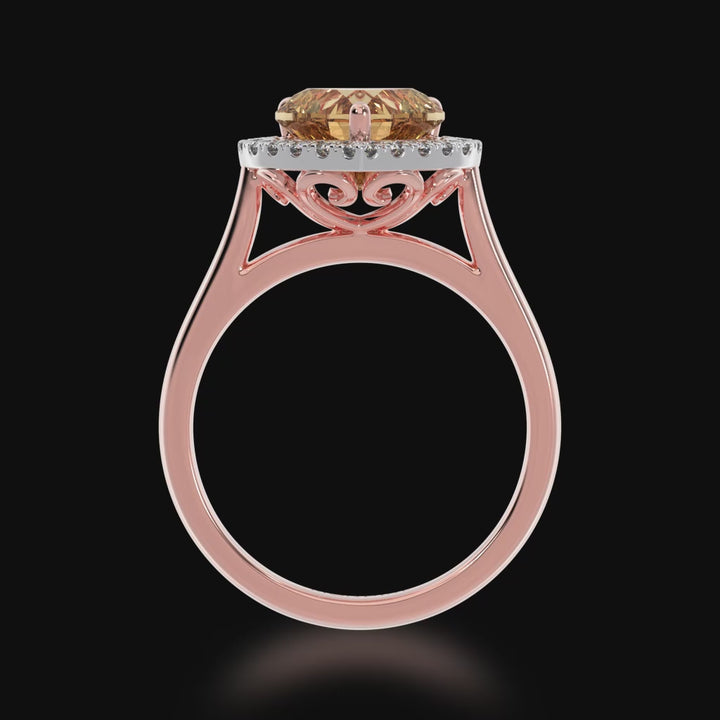 Heart shape champagne diamond halo on a rose gold band