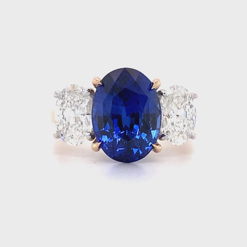 Trilogy oval cut blue sapphire and diamond ring on rose gold band