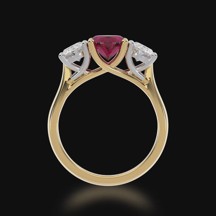  Trilogy oval cut ruby and diamond ring on yellow gold band 3d view