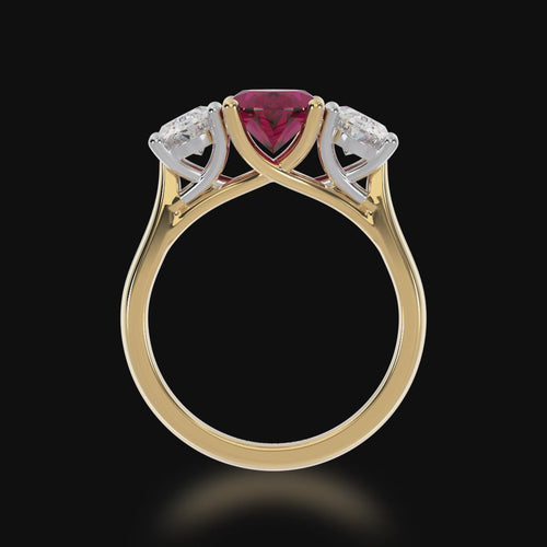 Trilogy oval cut ruby and diamond ring on yellow gold band 3d view.