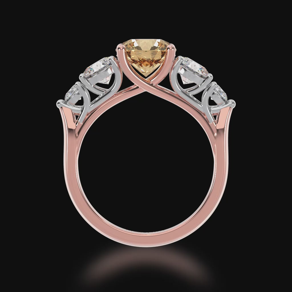 Five stone round champagne and white diamond ring 3d video