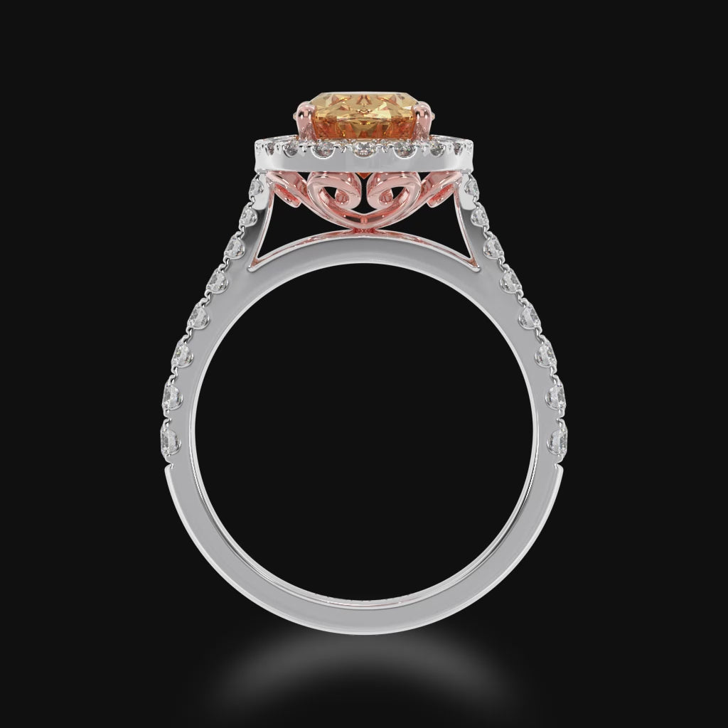 Video of the Mondial by Nadia oval cut engagement with champagne diamond halo with diamond set band.