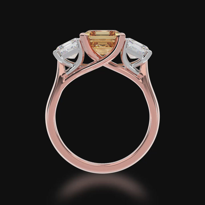 Trilogy asscher cut champagne and diamond ring on rose gold band 3d video