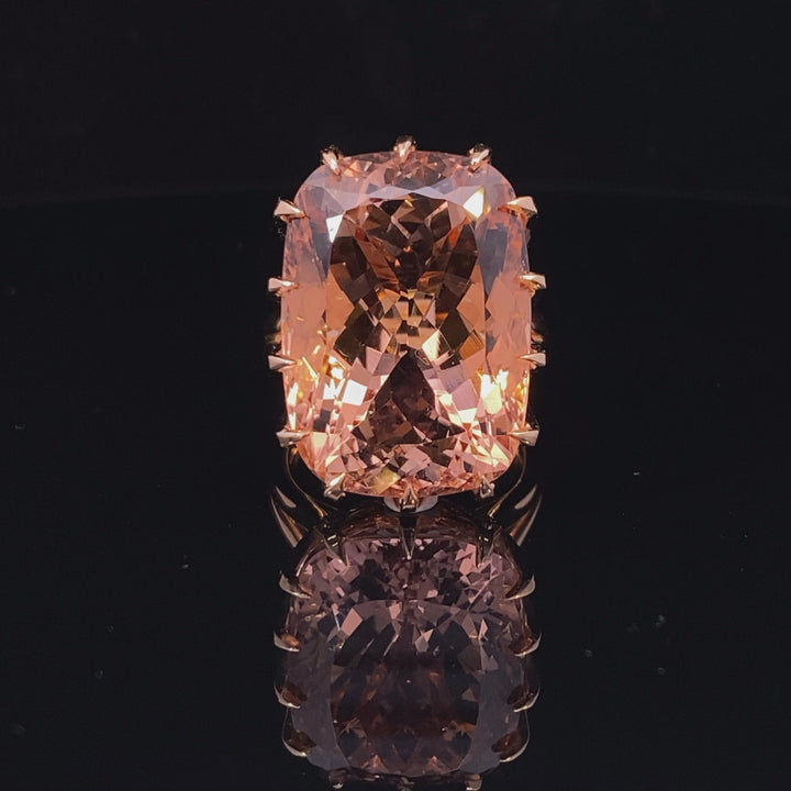 Elongated cushion cut Champagne, peach Morganite cocktail ring set with a cross hatched diamond basket video 