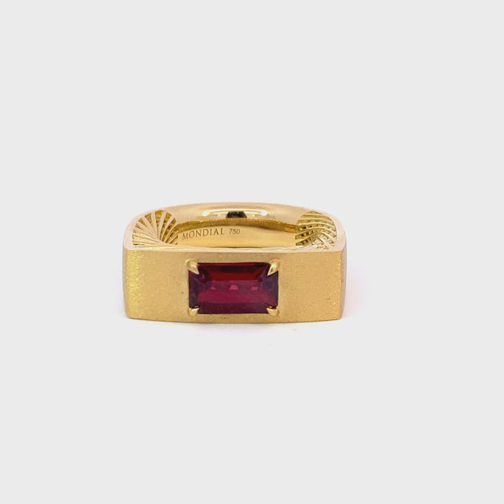 Emerald cut Ruby signet ring in yellow gold with crosshatched lattice on the profile video