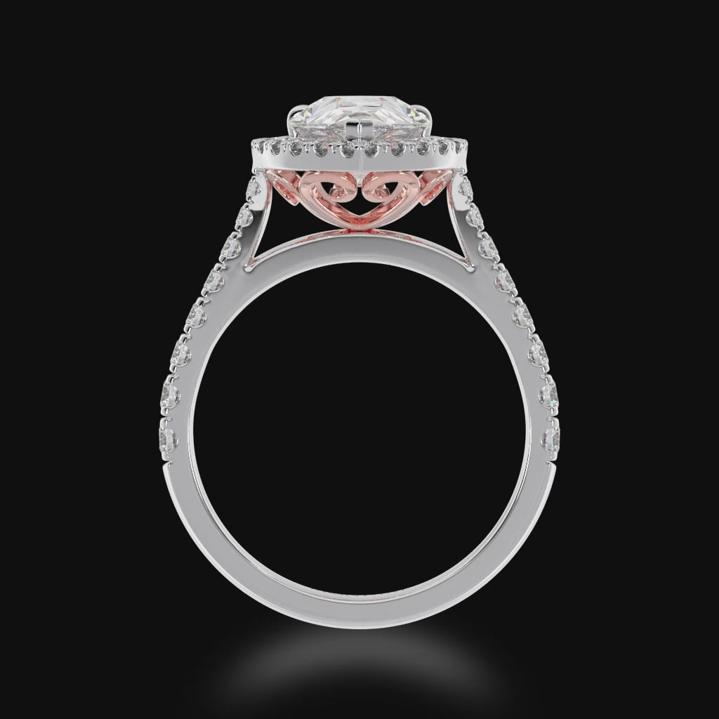 Pear shape diamond halo engagement ring with diamond set band 3d video 